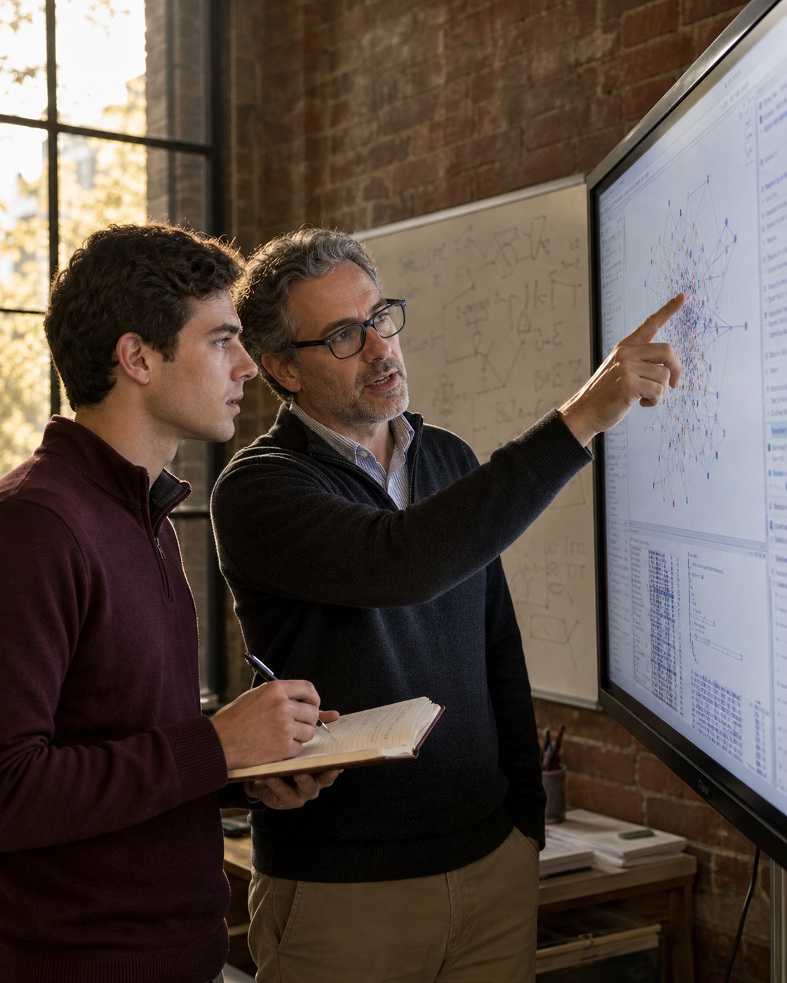 An MSU faculty member explaining a network graph to a graduate student in a research space