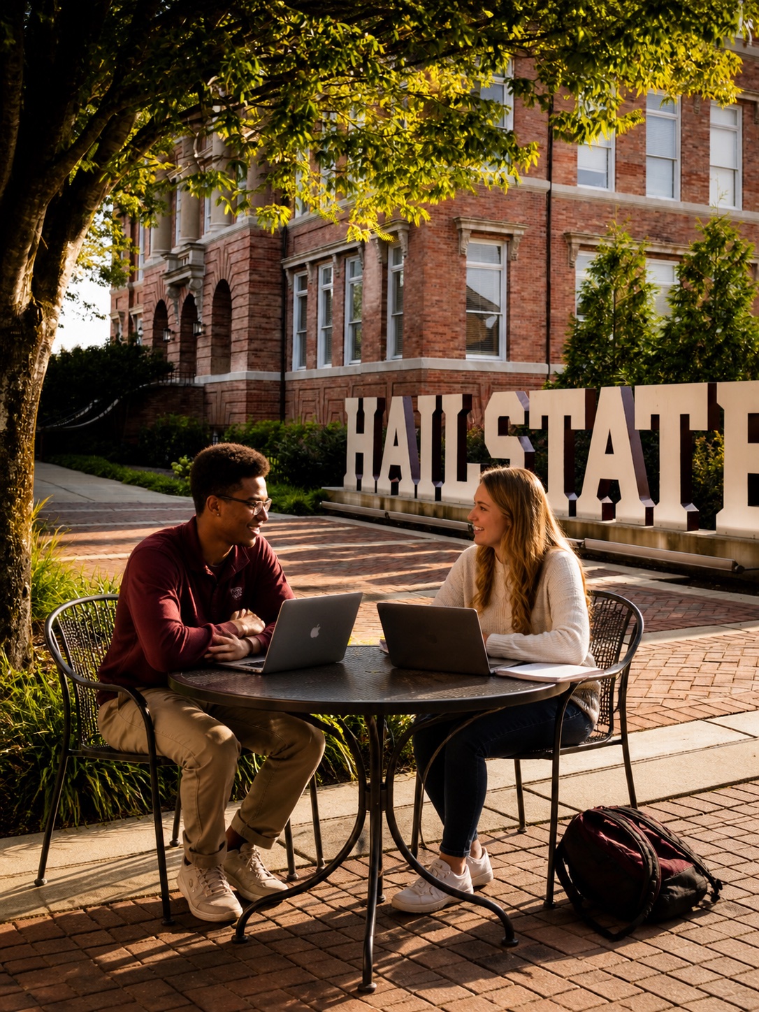 Two MSU students walking past the HAIL STATE sculpture on campus